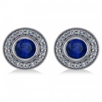 Blue Sapphire & Diamond Halo Round Earrings 14k White Gold (3.72ct)