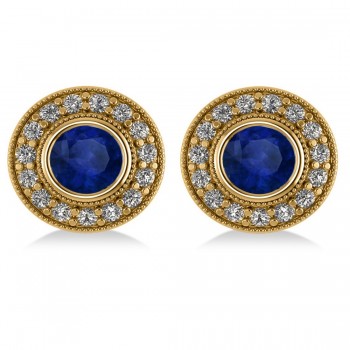 Blue Sapphire & Diamond Halo Round Earrings 14k Yellow Gold (3.72ct)