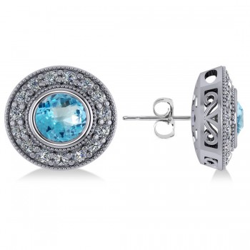 Blue Topaz & Diamond Halo Round Earrings 14k White Gold (3.62ct)