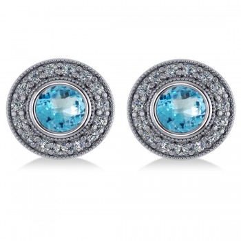 Blue Topaz & Diamond Halo Round Earrings 14k White Gold (3.62ct)