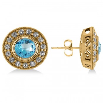 Blue Topaz & Diamond Halo Round Earrings 14k Yellow Gold (3.62ct)