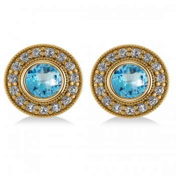 Blue Topaz & Diamond Halo Round Earrings 14k Yellow Gold (3.62ct)