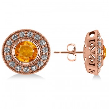 Citrine & Diamond Halo Round Earrings 14k Rose Gold (3.10ct)