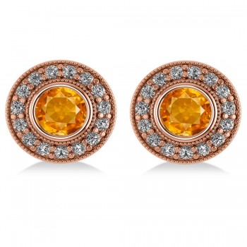 Citrine & Diamond Halo Round Earrings 14k Rose Gold (3.10ct)