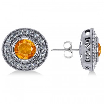 Citrine & Diamond Halo Round Earrings 14k White Gold (3.10ct)