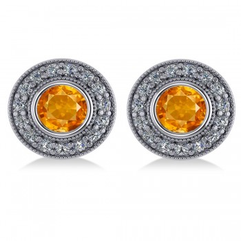 Citrine & Diamond Halo Round Earrings 14k White Gold (3.10ct)