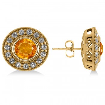 Citrine & Diamond Halo Round Earrings 14k Yellow Gold (3.10ct)