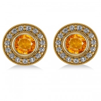 Citrine & Diamond Halo Round Earrings 14k Yellow Gold (3.10ct)