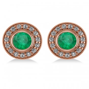 Emerald & Diamond Halo Round Earrings 14k Rose Gold (3.42ct)