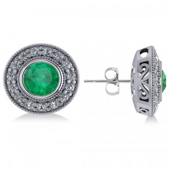 Emerald & Diamond Halo Round Earrings 14k White Gold (3.42ct)