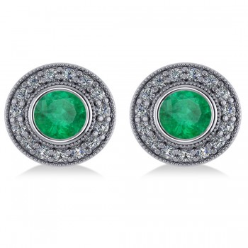 Emerald & Diamond Halo Round Earrings 14k White Gold (3.42ct)