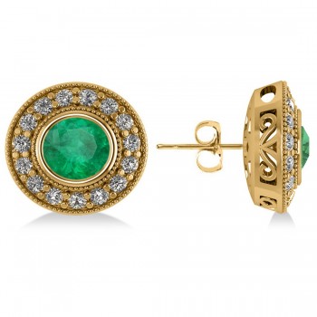 Emerald & Diamond Halo Round Earrings 14k Yellow Gold (3.42ct)