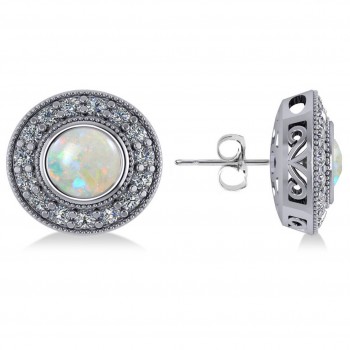 Opal & Diamond Halo Round Earrings 14k White Gold (2.40ct)