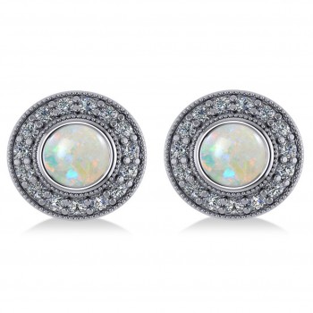 Opal & Diamond Halo Round Earrings 14k White Gold (2.40ct)