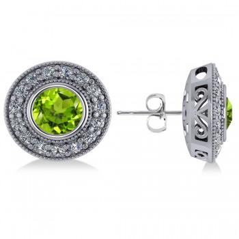 Peridot & Diamond Halo Round Earrings 14k White Gold (3.12ct)