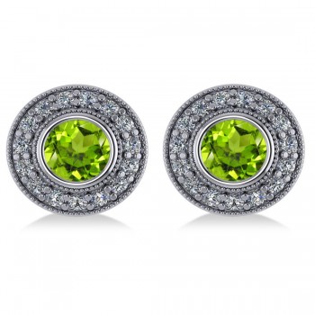 Peridot & Diamond Halo Round Earrings 14k White Gold (3.12ct)