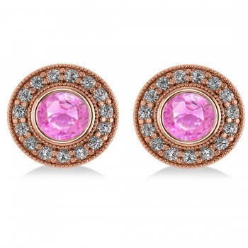 Pink Sapphire & Diamond Halo Round Earrings 14k Rose Gold (3.72ct)