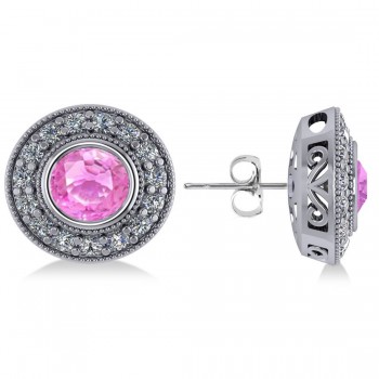 Pink Sapphire & Diamond Halo Round Earrings 14k White Gold (3.72ct)