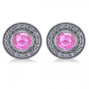 Pink Sapphire & Diamond Halo Round Earrings 14k White Gold (3.72ct)