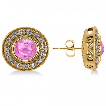 Pink Sapphire & Diamond Halo Round Earrings 14k Yellow Gold (3.72ct)