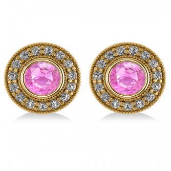 Pink Sapphire & Diamond Halo Round Earrings 14k Yellow Gold (3.72ct)