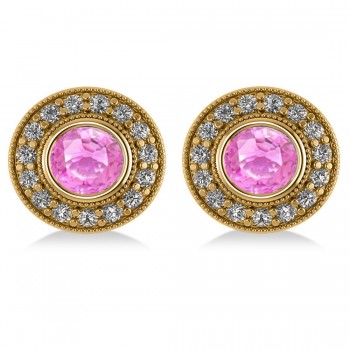 Pink Sapphire & Diamond Halo Round Earrings 14k Yellow Gold (3.72ct)