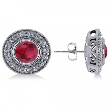 Ruby & Diamond Halo Round Earrings 14k White Gold (3.72ct)