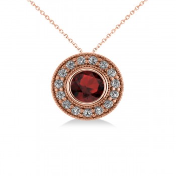 Round Garnet & Diamond Halo Pendant Necklace 14k Rose Gold (1.85ct)