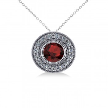 Round Garnet & Diamond Halo Pendant Necklace 14k White Gold (1.85ct)