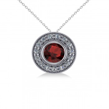 Round Garnet & Diamond Halo Pendant Necklace 14k White Gold (1.85ct)