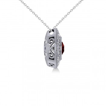 Round Garnet & Diamond Halo Pendant Necklace 14k White Gold (1.85ct)