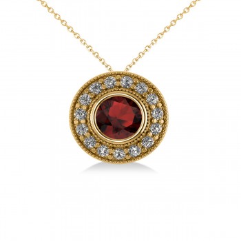 Round Garnet & Diamond Halo Pendant Necklace 14k Yellow Gold (1.85ct)