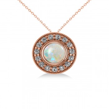 Round Opal & Diamond Halo Pendant Necklace 14k Rose Gold (1.20ct)