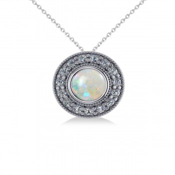 Round Opal & Diamond Halo Pendant Necklace 14k White Gold (1.20ct)