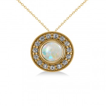 Round Opal & Diamond Halo Pendant Necklace 14k Yellow Gold (1.20ct)