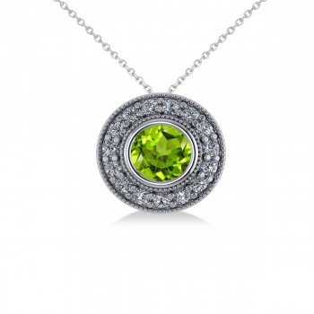 Round Peridot & Diamond Halo Pendant Necklace 14k White Gold (1.56ct)