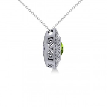 Round Peridot & Diamond Halo Pendant Necklace 14k White Gold (1.56ct)