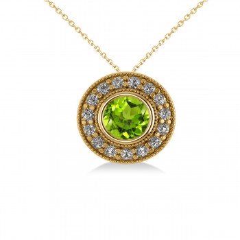 Round Peridot & Diamond Halo Pendant Necklace 14k Yellow Gold (1.56ct)