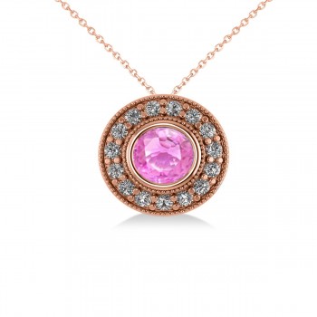 Round Pink Sapphire & Diamond Halo Pendant Necklace 14k Rose Gold (1.86ct)