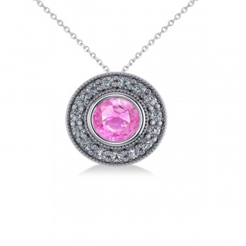 Round Pink Sapphire & Diamond Halo Pendant Necklace 14k White Gold (1.86ct)