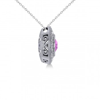 Round Pink Sapphire & Diamond Halo Pendant Necklace 14k White Gold (1.86ct)