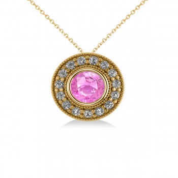 Round Pink Sapphire & Diamond Halo Pendant Necklace 14k Yellow Gold (1.86ct)