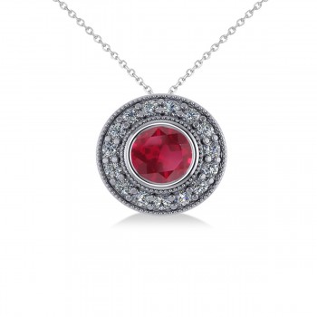 Round Ruby & Diamond Halo Pendant Necklace 14k White Gold (1.86ct)