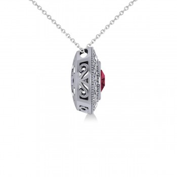 Round Ruby & Diamond Halo Pendant Necklace 14k White Gold (1.86ct)