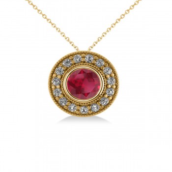 Round Ruby & Diamond Halo Pendant Necklace 14k Yellow Gold (1.86ct)