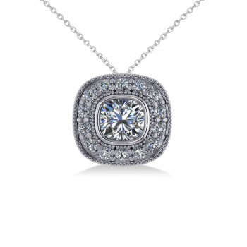 Diamond Halo Cushion Pendant Necklace 14k White Gold (1.26ct)