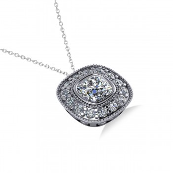 Diamond Halo Cushion Pendant Necklace 14k White Gold (1.26ct)