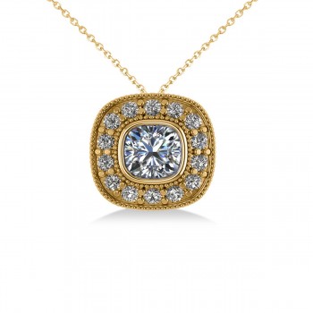 Diamond Halo Cushion Pendant Necklace 14k Yellow Gold (1.26ct)