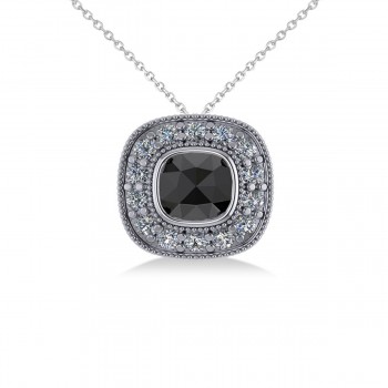 Black Diamond & Diamond Halo Cushion Pendant Necklace 14k White Gold (1.26ct)