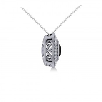 Black Diamond & Diamond Halo Cushion Pendant Necklace 14k White Gold (1.26ct)